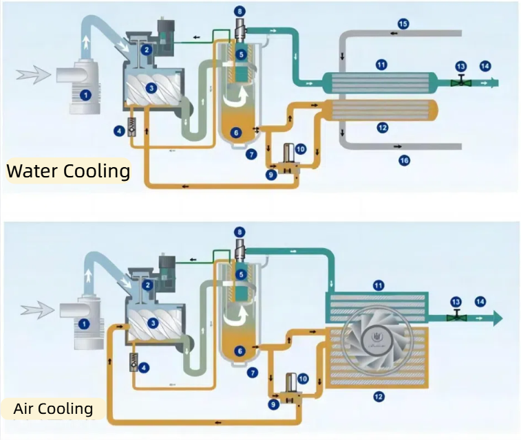How does a Rotary Screw Air Compressor Work?- Air Compressor System pathway schematic